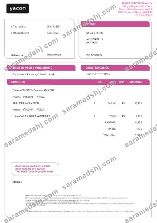 Spain Yacom business utility bill Word and PDF template